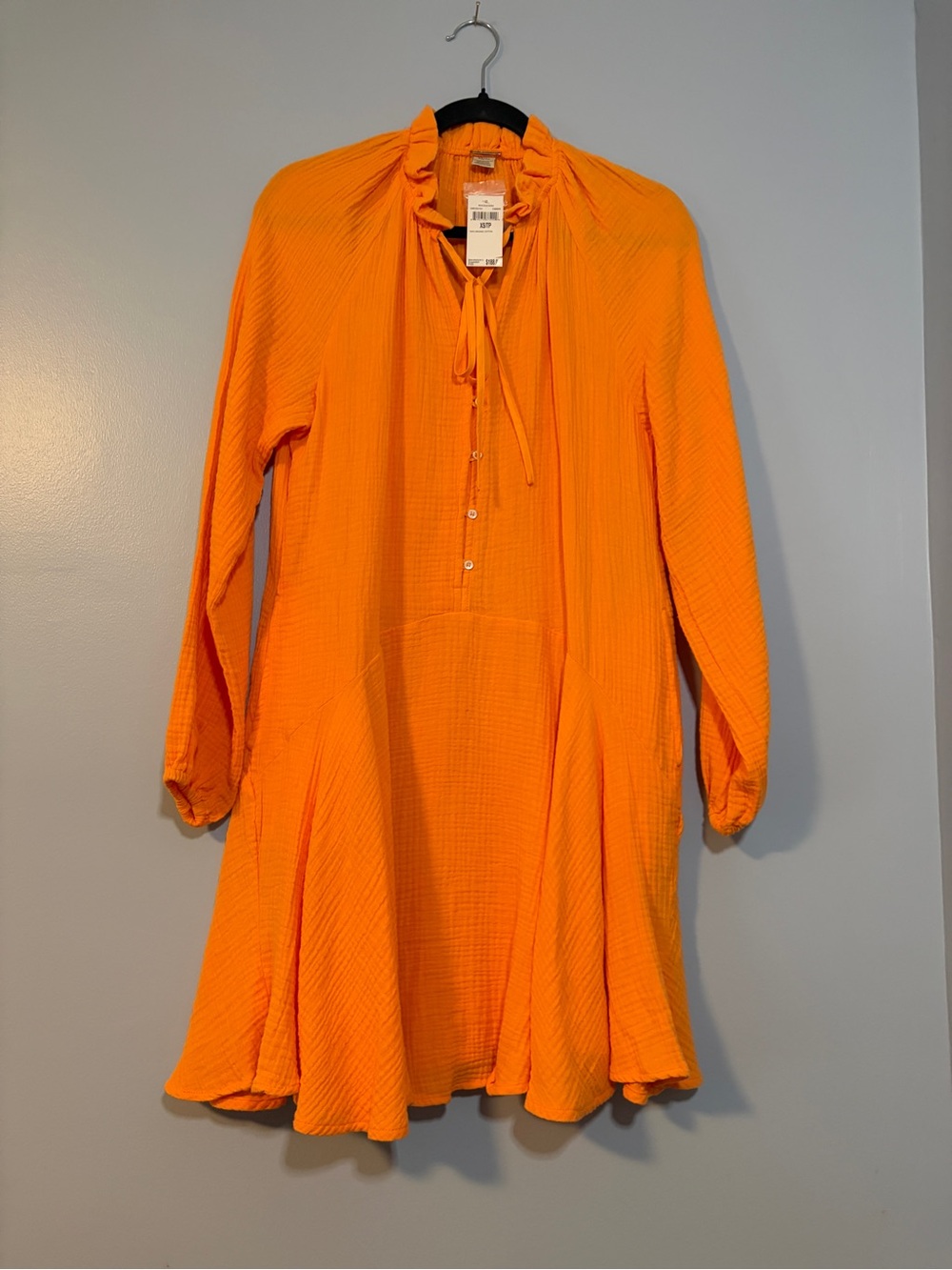 Magaschoni Orange Long-Sleeve Midi Dress with Ruffle Tie Neck Organic Cotton NWT